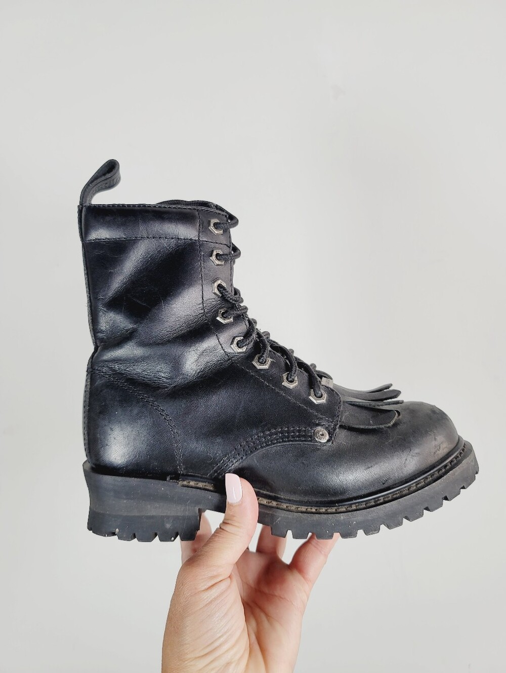 Harley-Davidson Black Leather Lace-Up Combat Boot with Fringe, Size 7.5